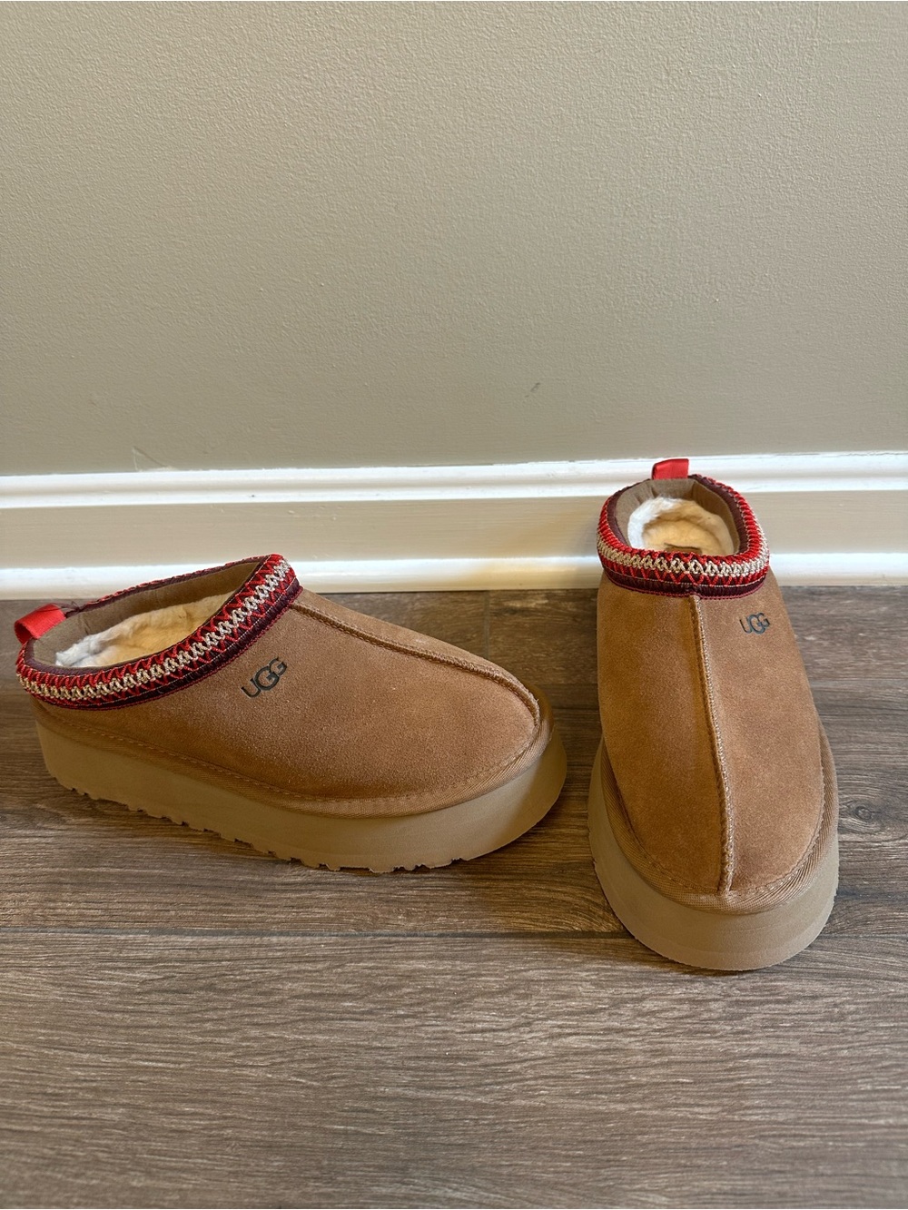 UGG Chestnut Brown Suede Shearling Clog Mules with Red Trim